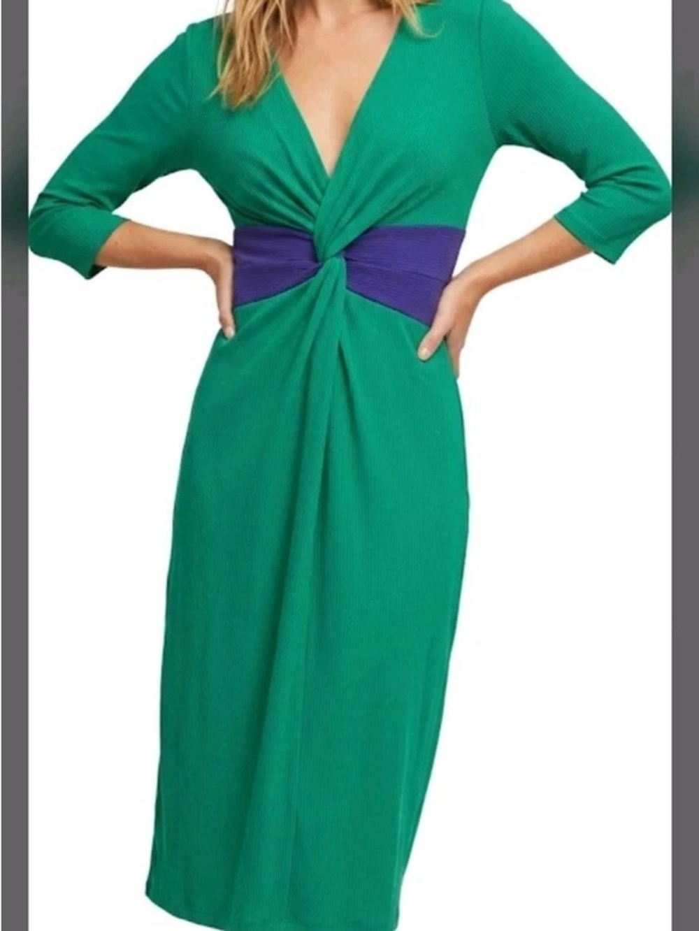 Anthropologie Moulinette Soeurs Emerald Green Midi Dress with Navy Twist Waist